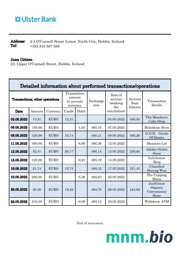 Ireland Ulster Bank statement xls